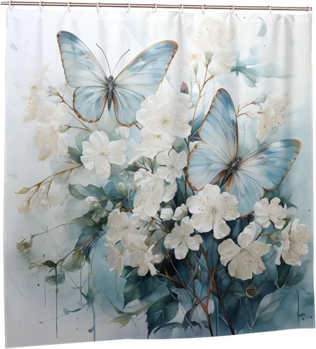 Vista 7 de YLATY3718 - Cortina de ducha de mariposa azul para baño, juego de cortina de ducha bohemia con flores blancas y hojas verdes, tela abstracta moderna