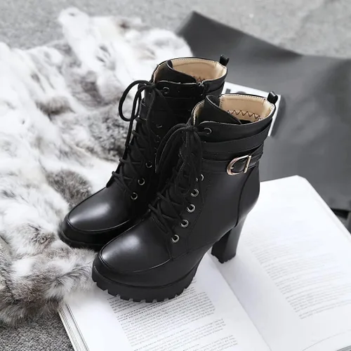 Vista 8 de MIOKE Botines de tacón alto con plataforma y puntera redonda para mujer, con cordones, cremallera y tacón alto grueso, botines cortos Forro