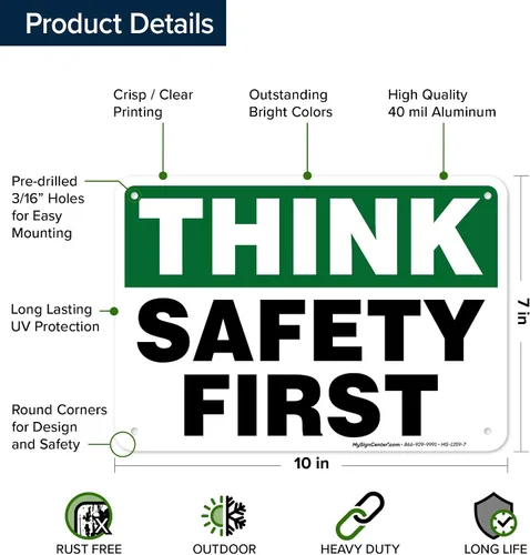 Vista 6 de Think Safety First Sign, 10 x 7 pulgadas, libre de óxido, aluminio 040, resistente a la decoloración, fabricado en Estados Unidos por My Sign Center