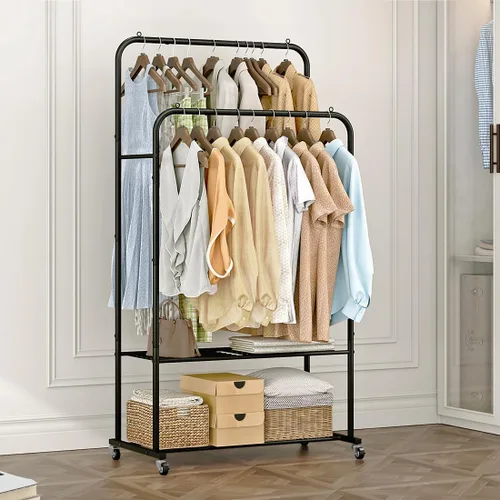 Vista 3 de SUOERNUO Perchero con ruedas para ropa, estante para colgar ropa resistente, estante metálico enrollable para dormitorio, armario (Negro)