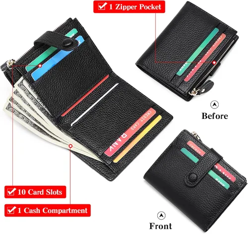 Vista 2 de FALAN MULE - Carteras pequeñas para mujer con bloqueo RFID, piel auténtica, cartera plegable delgada con cremallera y monedero para monedas