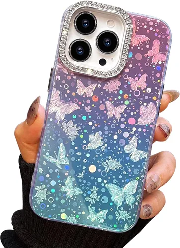 Vista 13 de I-MGAE-IN-AR Funda compacta para iPhone 11, diseño de mariposa, marco de protección de lente de cámara con diamante 3D, bonitas fundas protectoras