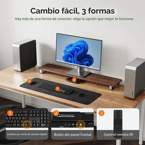 Vista 5 de TESmart Interruptor KVM USB 3.0 HDMI 1 Monitor 2 Computadoras 4K@60Hz, Audio L/R y Micrófono, Emuladores EDID de 2 Puertos, Cambio de Teclas