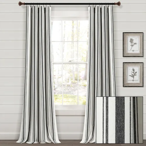 Vista 6 de Lush Decor Farmhouse Stripe - Par de paneles de cortinas de ventana de algodón teñido con hilo a rayas, 42" An x 84" L, Negro - Encanto rústico