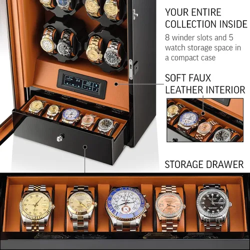 Vista 6 de Enrollador de 8 relojes con retroiluminación LED y 5 cajones de almacenamiento de relojes