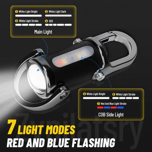 Vista 2 de linterna mini LED súper brillante de 1200 lúmenes recargable por USB, pequeña linterna llavero impermeable de rescate, para camping - Negro