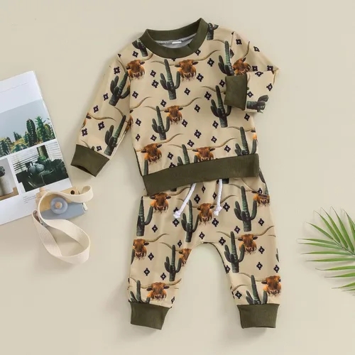Vista 7 de WALLARENEAR Ropa occidental para bebé niño, sudadera con estampado de vaca, camisa de cuello redondo de vaquero para mamá