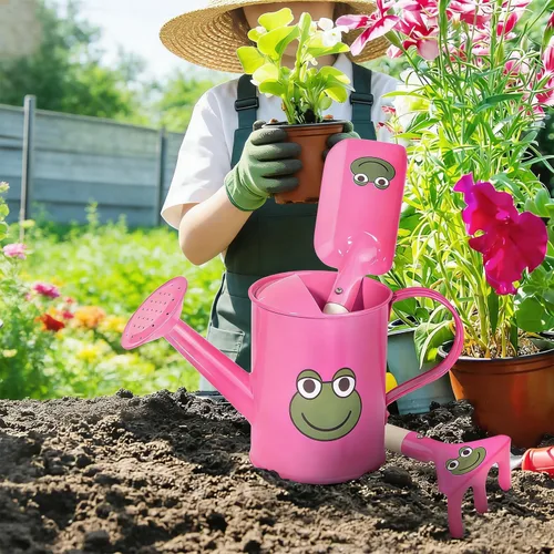 Vista 3 de Sungmor Juego de regaderas pequeñas para jardinero El paquete incluye 3 regaderas de rana rosa roja y paleta y rastrillo herramientas de mano