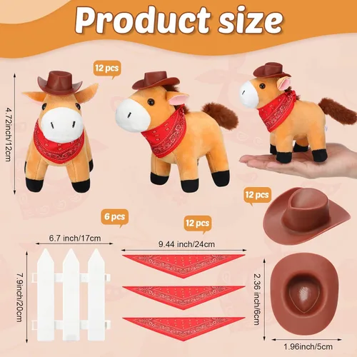 Vista 2 de 42 piezas Adopta un caballo de fiesta para niños, 12 mini caballos de peluche con pequeños sombreros de vaquero y 12 bandanas, manualidades para mi