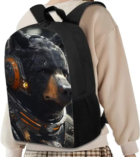 Vista 5 de AmzPrint Mochila negra para niños y niñas de 17 pulgadas con estampado de animales, ligera, mochila escolar para estudiantes, Oso, Classic