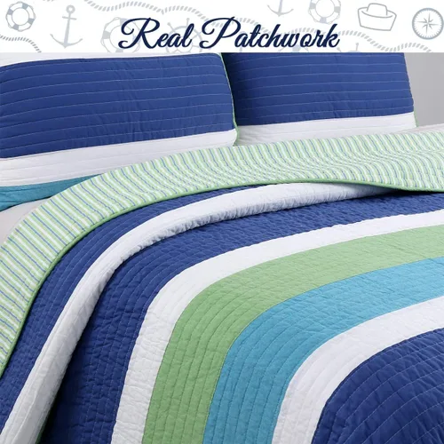 Vista 2 de Cozy Line Home Fashions Waylon - Juego de edredón reversible a rayas 100% algodón, color azul marino, verde y blanco, colcha