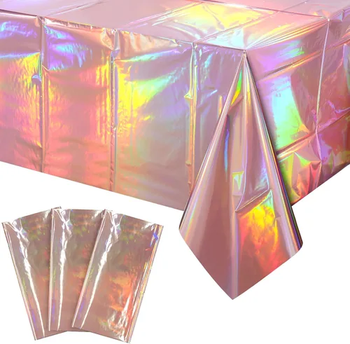 Vista 21 de Paquete de 3 manteles de plástico negro iridiscente, manteles rectangulares desechables con láser, mantel de lámina holográfica para Halloween