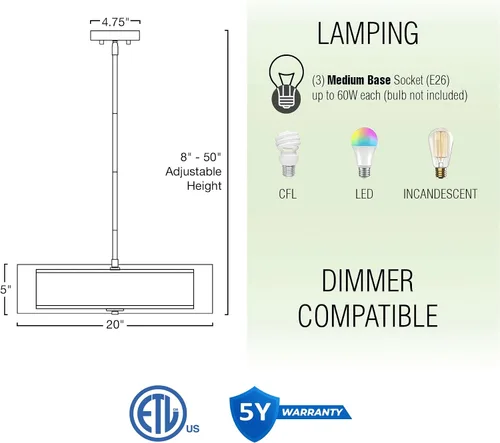 Vista 4 de Kira Home Lindos - Lámpara colgante moderna de doble tambor de 20 pulgadas, lámpara de araña de 3 luces con pantalla exterior transparente e