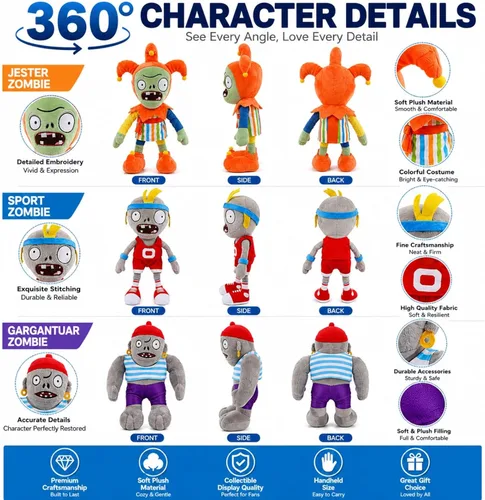 Vista 4 de Dyharnsty 3 piezas de juguetes de peluche de Plants vs Zombies, Zombie Sport Jester Gargantuar Zombi, figura suave, plantas contra zombies, juguetes