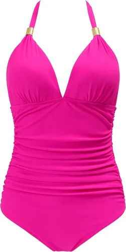 Vista 2 de RXRXCOCO - Traje de baño fruncido de una pieza con cuello en V para mujer con control de abdomen cuello halter