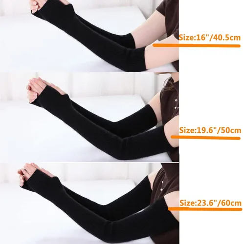 Vista 39 de Facecozy Calentadores de brazos para mujer, mezcla de lana de cachemira, guantes largos sin dedos para mujer, guantes para clima frío con agujero