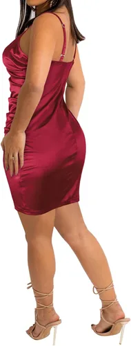 Vista 2 de Fastkoala Vestido sexy de satén con tirantes delgados para mujer, cuello en V, espalda descubierta, entallado, mini vestido de fiesta