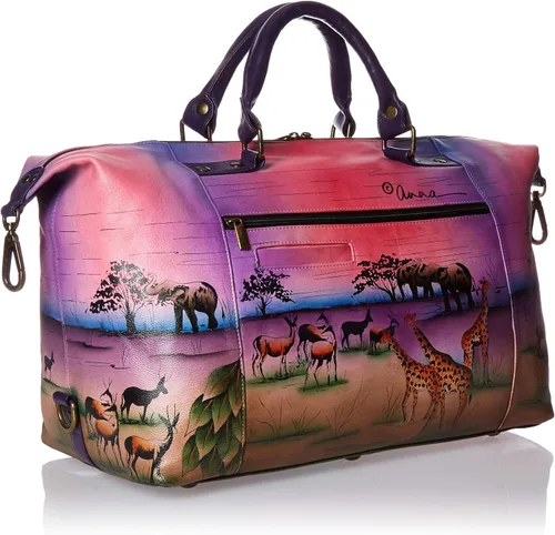 Vista 2 de Anna by Anuschka Bolso de viaje grande de cuero pintado a mano para mujer - Serengeti Sunset