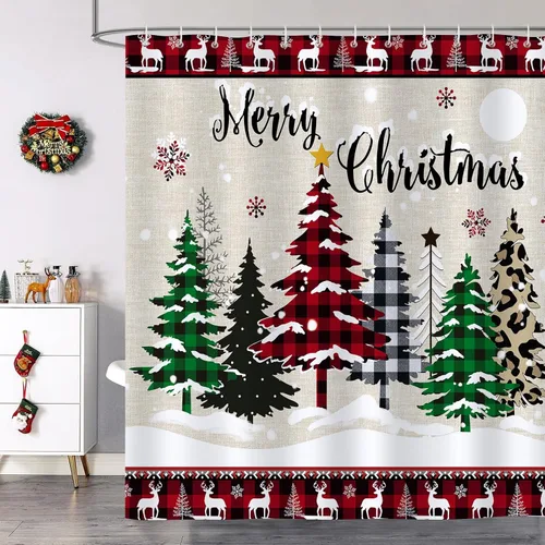 Vista 2 de Bonhause Cortina de ducha con diseño de árbol de Navidad, diseño de ciervo, diseño de árbol de Navidad, decoración de baño, 72 x 72 pulgadas, tela
