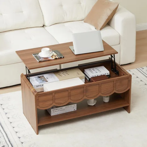 Vista 8 de Mesa de centro elevable con compartimento oculto, mesa central de madera de 2 niveles con panel ondulado, moderna mesa elevadora para el hogar, sala