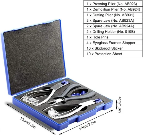 Vista 6 de Kit óptico de lentes sin marco, siluetas de marco de gafas, alicates para gafas, alicates para gafas, alicates profesionales, juego de alicates
