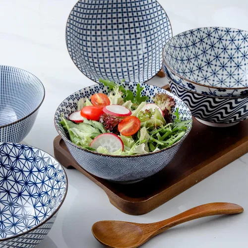 Vista 5 de Tazones de porcelana para cereales de 24 onzas a 6 pulgadas, juego de 6, cuencos vintage azules y blancos para arroz, ensalada, aperitivos