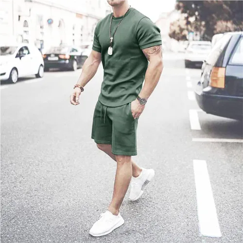 Vista 2 de Men's 2 Piece Short Set Trendy Plain Short Sleeve Tshirts and Elastic Shorts Sport Suit Workout Casual Tracksuits
