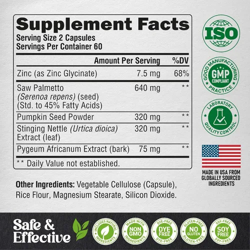 Vista 8 de Saw Palmetto para hombres 640 mg - Semilla de calabaza Ortiga Zinc y Pygeum - Salud de próstata y suplemento urinario - Bloqueo de DHT y soporte