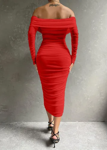 Vista 2 de Pofash Vestido para mujer sexy, entallado y con un hombro descubierto, longitud por debajo de la rodilla, de tul fruncido, para fiesta y cóctel