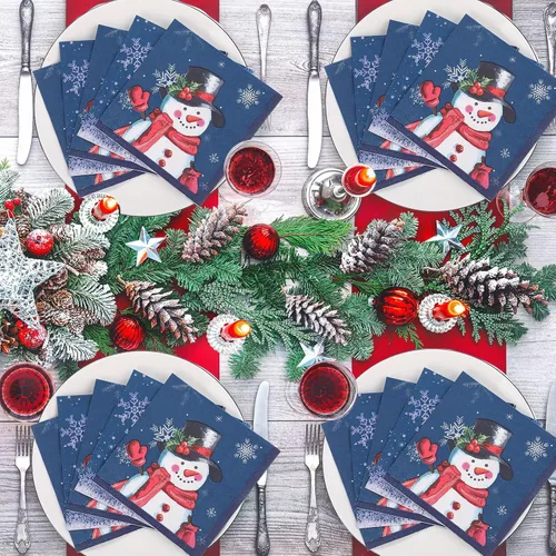 Vista 6 de Faccito 100 servilletas de papel de muñeco de nieve de Navidad, servilletas de cóctel de copo de nieve para Navidad, Año Nuevo, reuniones