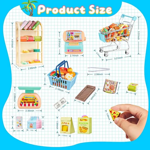 Vista 3 de 196 piezas Mini carrito de compras carrito carrito de comestibles modelo de juego botella de bebida en miniatura comida pizza con caja Supermercado