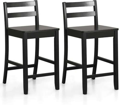 Vista 8 de COSTWAY Juego de 2 taburetes de bar de madera, taburetes de altura de mostrador de 24 pulgadas con respaldo ergonómico y reposapiés, sillas de Blanco