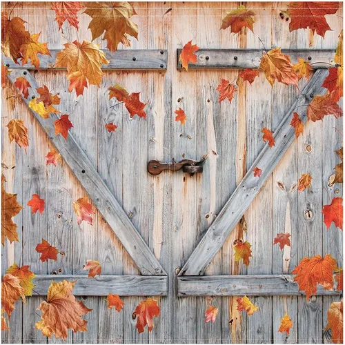 Vista 2 de Funnytree Cortina de otoño para ventana, diseño rústico de Acción de Gracias, con estampado de puerta de madera, decoración del hogar, bolsillo