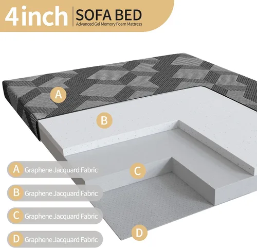 Vista 4 de Colchón para sofá cama de 4 pulgadas, repuesto de espuma viscoelástica de gel con funda de patrón geométrico transpirable lavable, soporte