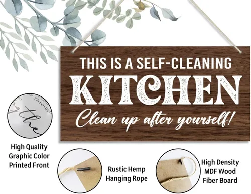 Vista 2 de Kitchen Rules - Letrero decorativo de madera con texto en inglés "This is a Self-Cleaning Kitchen, placa de madera impresa colgante, letrero