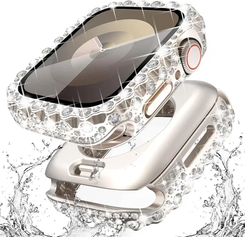 Vista 14 de Surace - Carcasa impermeable 2 en 1 para Apple Watch Series 6, 5, 4, SE de 1.575 pulgadas Lace Edge Diamond Protective Bumper Cover Built-in