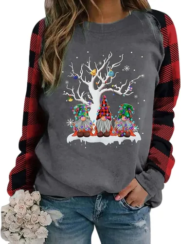 Vista 4 de BEUU - Camisas de Navidad para mujer, gnomo, reno, a cuadros, suéter de manga larga, sudaderas de moda de talla grande, 20210926-111-blanco