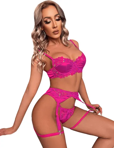 Vista 5 de SweatyRocks Conjunto de lencería de 4 piezas para mujer, brasier y braga de encaje floral con liga