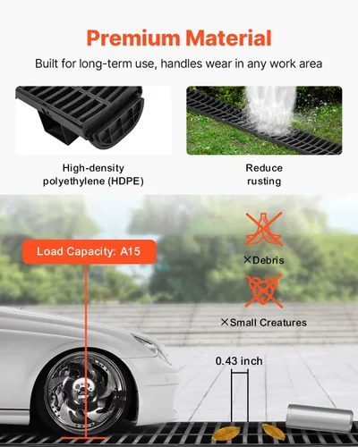 Vista 6 de VEVOR Sistema de Drenaje de Trinchera Paquete de 3, Drenaje de Canal con Rejilla de Plástico 5.7 x 3.1 pulgadas Zanja de Drenaje HDPE, Vía de Agua
