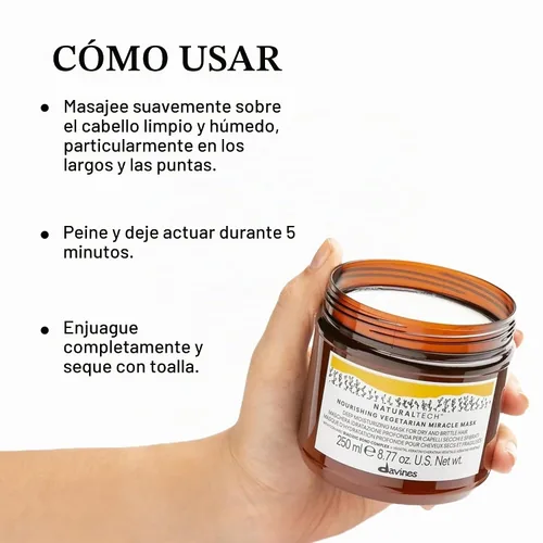 Vista 4 de Davines Naturaltech - Máscara milagrosa vegetariana nutritiva, hidratante profunda para cabello seco y quebradizo, 8.77 onzas líquidas