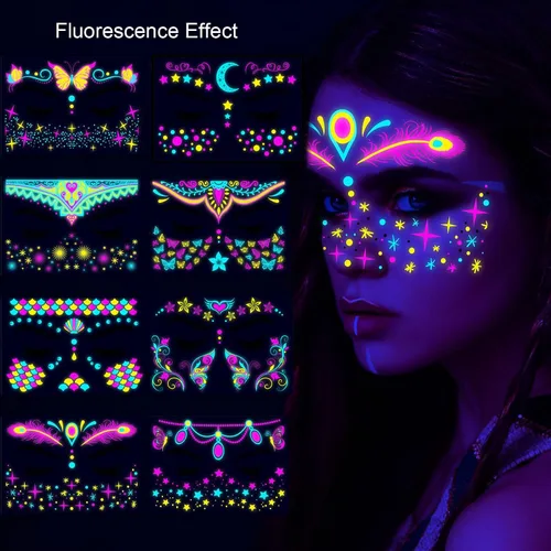 Vista 2 de Tatuajes faciales de neón que brillan en la oscuridad, tatuajes temporales con luz negra UV, calcomanías para cuerpo, cara, flores, tatuaje
