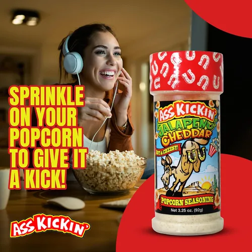 Vista 4 de ASS KICKIN' Condimento de palomitas de maíz cheddar de jalapeño, ideal para palomitas de maíz gourmet o alitas de pollo y carne, rellenos perfectos