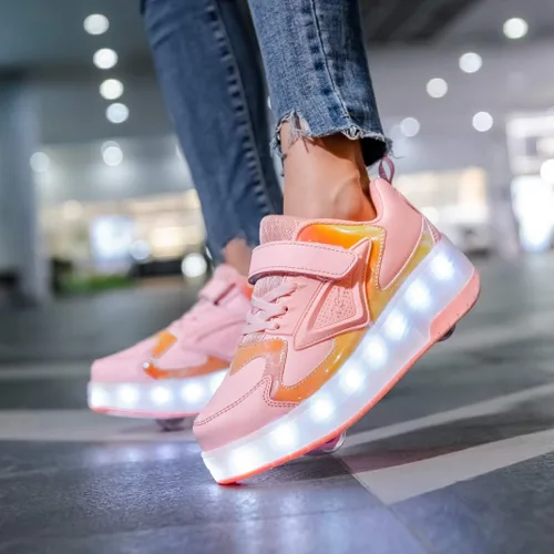 Vista 6 de HHSTS Zapatos para niños con ruedas, zapatos de color de luz LED, patines brillantes, zapatos de patinaje, regalos simples para niños y niñas