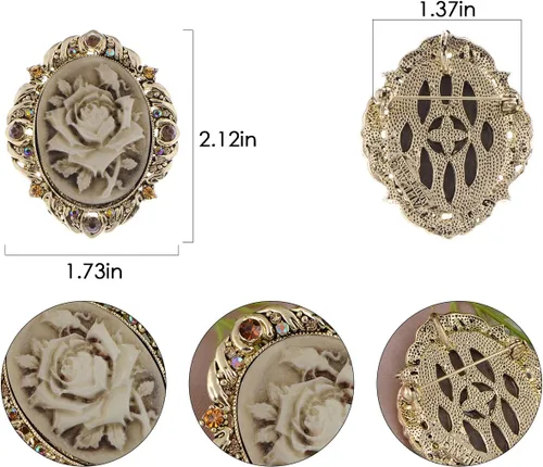 Vista 6 de Alilang Broche de pasador de camafeo con flores de cristal rosa antiguo inspirado en la vendimia