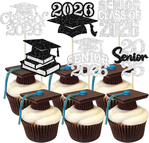Vista 11 de Paquete de 24 adornos para cupcakes de clase 2026 con purpurina 2026 Felicidades Graduación Diploma Done Cupcake Picks 2026 Graduación Temática
