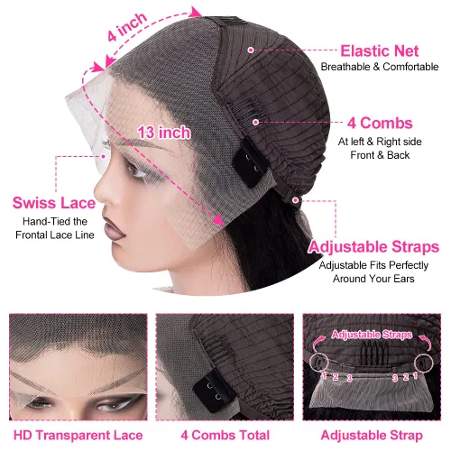 Vista 3 de Pelucas de cabello humano ondulado con encaje frontal de 13 x 4 para mujeres negras, sin pegamento, 22 pulgadas