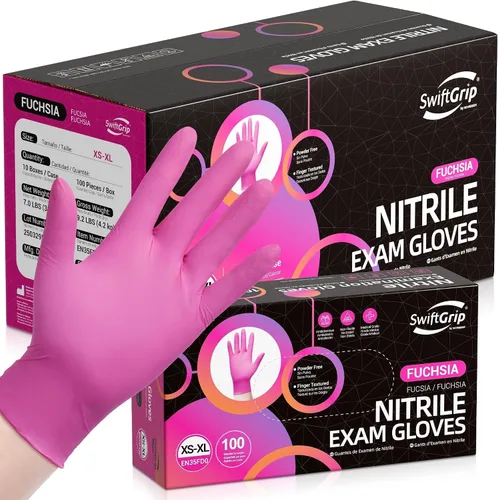 Vista 11 de SwiftGrip Guantes de nitrilo sin polvo, 3 mil, guantes de nitrilo desechables, sin látex, sin polvo, rosa/fucsia