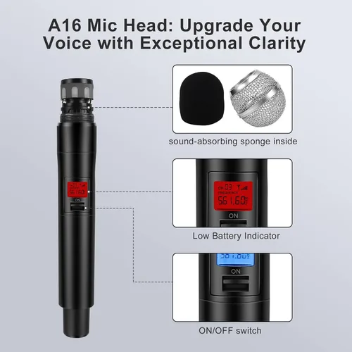 Vista 6 de innopow Sistema de micrófono inalámbrico de 4 canales, micrófono inalámbrico de metal UHF cuádruple, 2 micrófonos de mano, 2 micrófonos de bolsillo