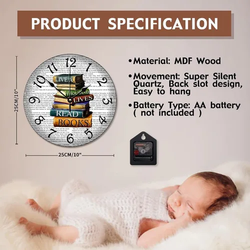 Vista 7 de Doffed - Reloj de pared para biblioteca, estilo vintage, de madera rústica, 10, silencioso, sin tictac, de cuarzo, funciona con pilas, para sala