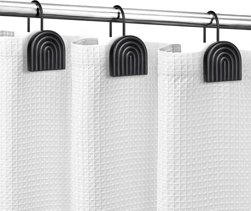 Vista 5 de Sunlit Ganchos decorativos para cortina de ducha modernos de mediados de siglo, anillos de cortina de ducha geométricos negros para baño, resina